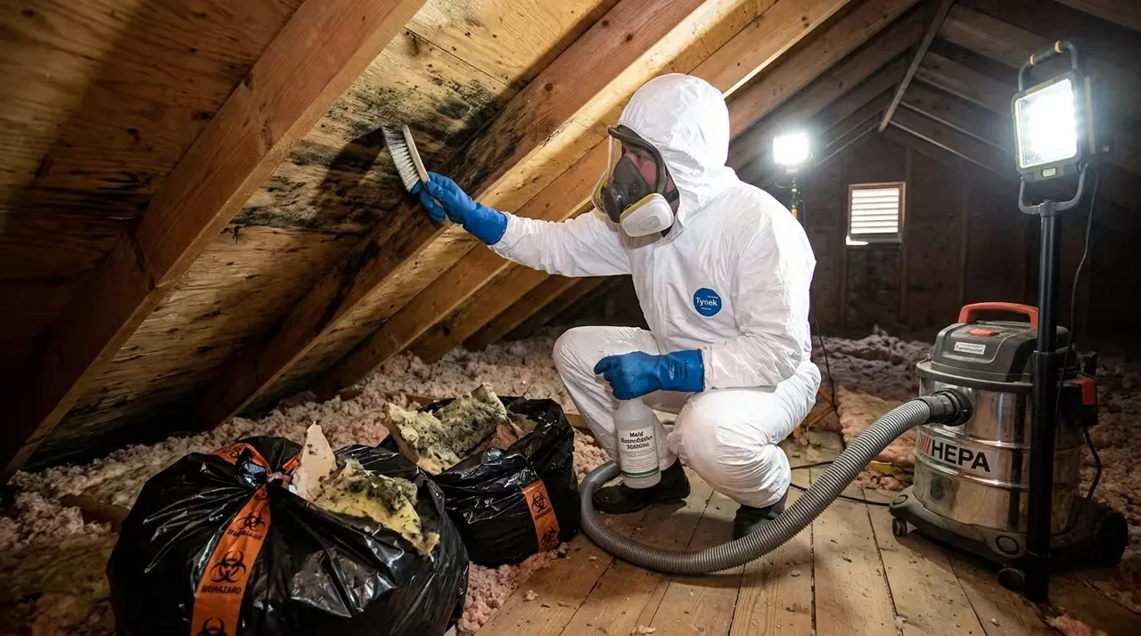 Technician scrubbing mold from attic rafters with a HEPA vacuum and biohazard disposal bags