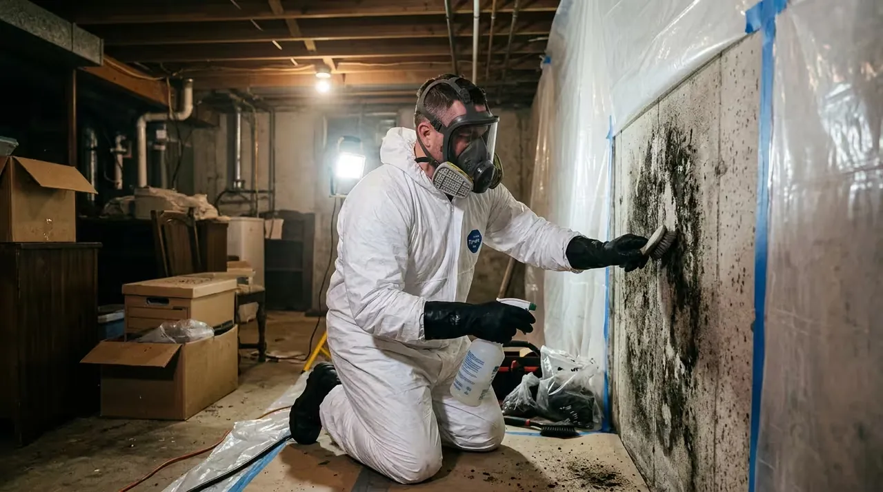 Mold removal technician working behind containment sheeting on a mold-covered basement foundation wall in West Bloomfield, MI