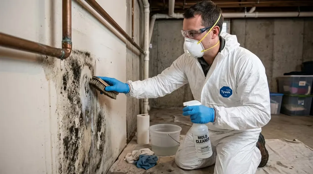 Specialist in protective gear scrubbing black mold from a basement wall beside leaking copper pipes