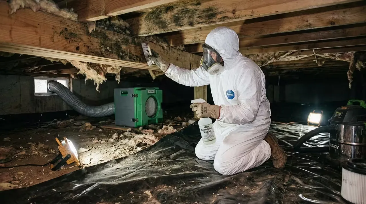 Technician treating mold on crawl space joists above a vapour barrier with an air scrubber running