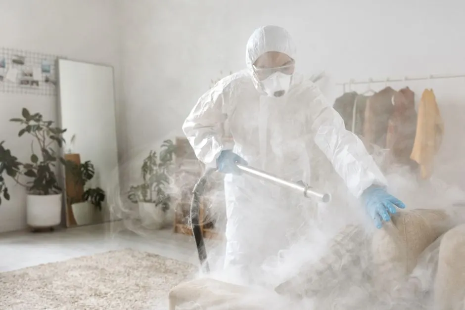 A person in protective suit disinfecting a room to eliminate viruses and bacteria.