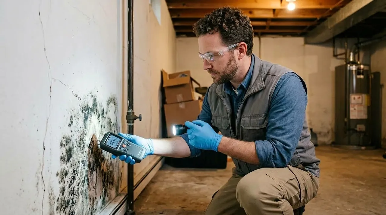 Mold inspector taking a moisture reading on a cracked basement foundation wall showing mold growth