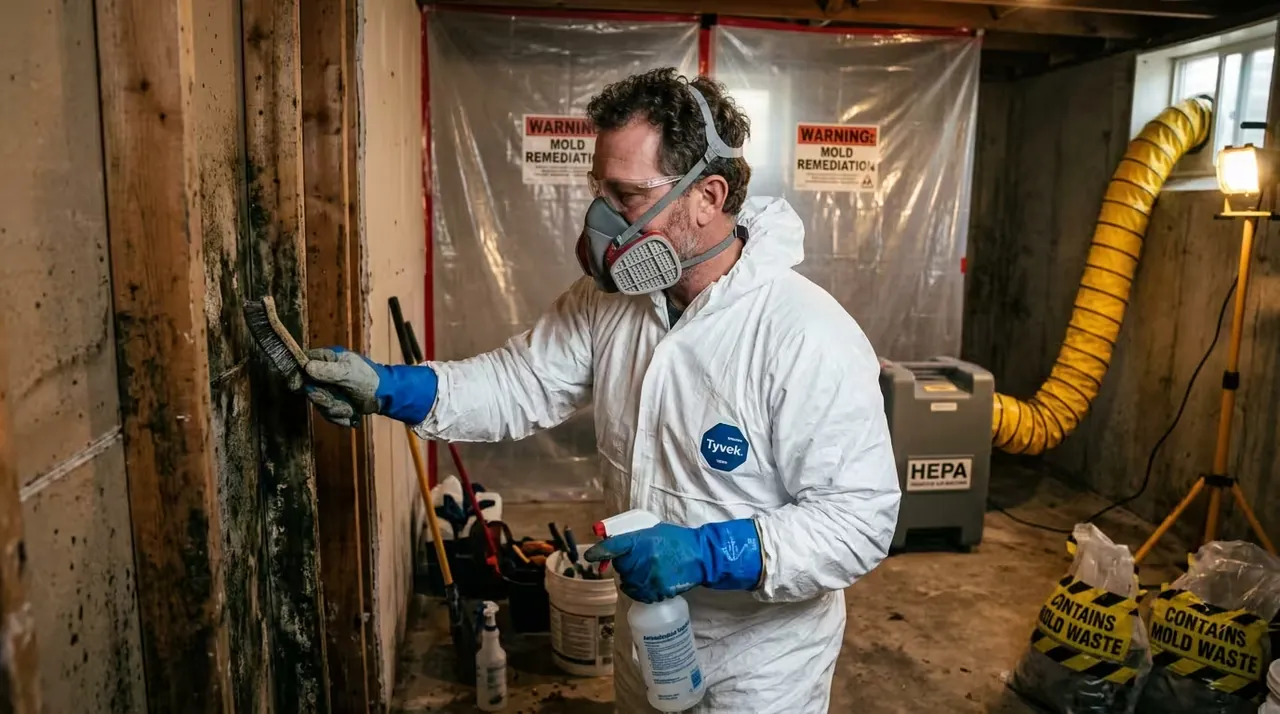 Mold remediation in progress behind containment sheeting with a HEPA air scrubber and sealed mold waste bags