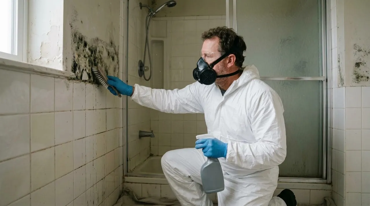 Mold removal technician in a Tyvek suit and respirator scrubbing mold from bathroom tile and window trim in a West Bloomfield home