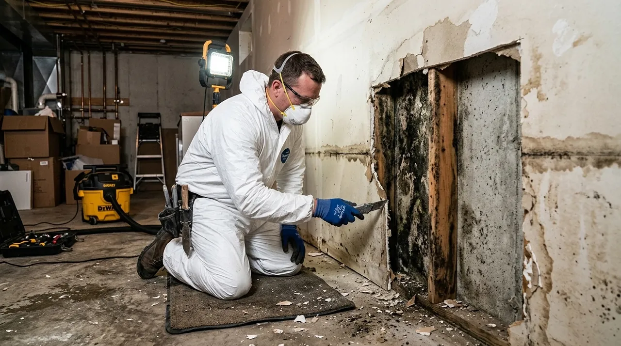 Technician cutting away water-damaged drywall to expose mold on the studs and foundation wall behind it